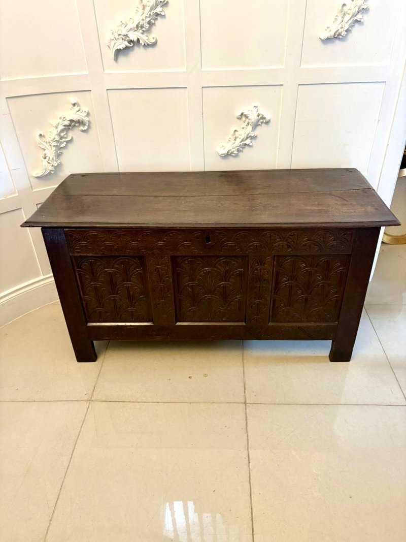 Antique 17th Century Carved Oak Coffer Chest Blanket Box With Original Candle Box